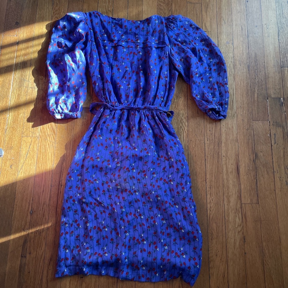 Vintage 80s Purple Floral Dress with Belt Small